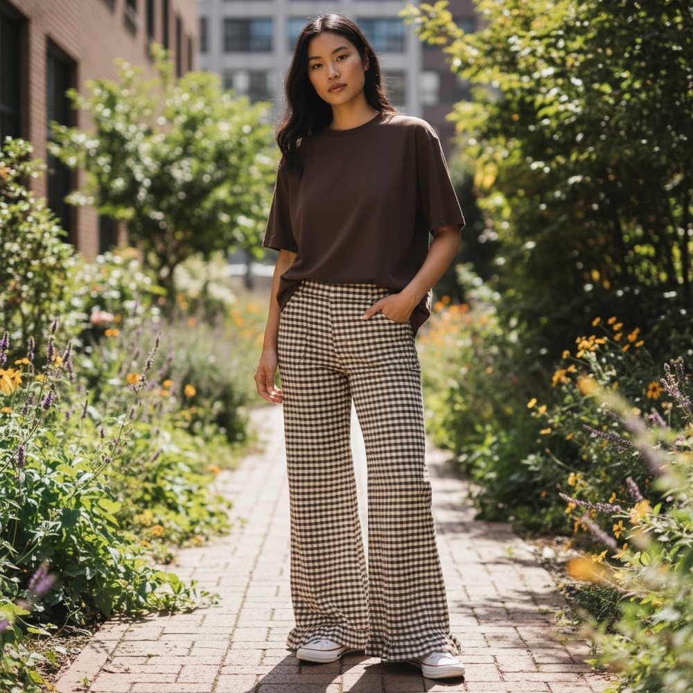 Maeve Anthropologie The Colette Gingham Ruffle Hem Wide Leg Pants Brown 27
